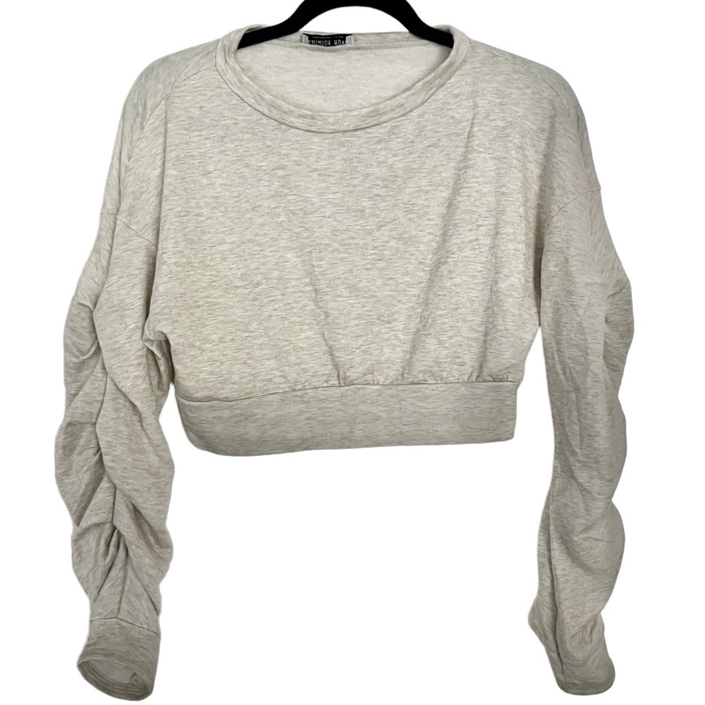 Fashion Nova Beige Gathered Ruched Sleeve Cropped Sweater Small